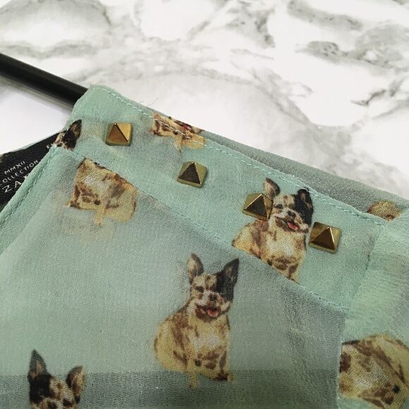 ZARA FRENCH BULLDOG PRINT NOVELTY SHEER CHIFFON STUDDED SHOULDER MINT BLOUSE S - Picture 5 of 12